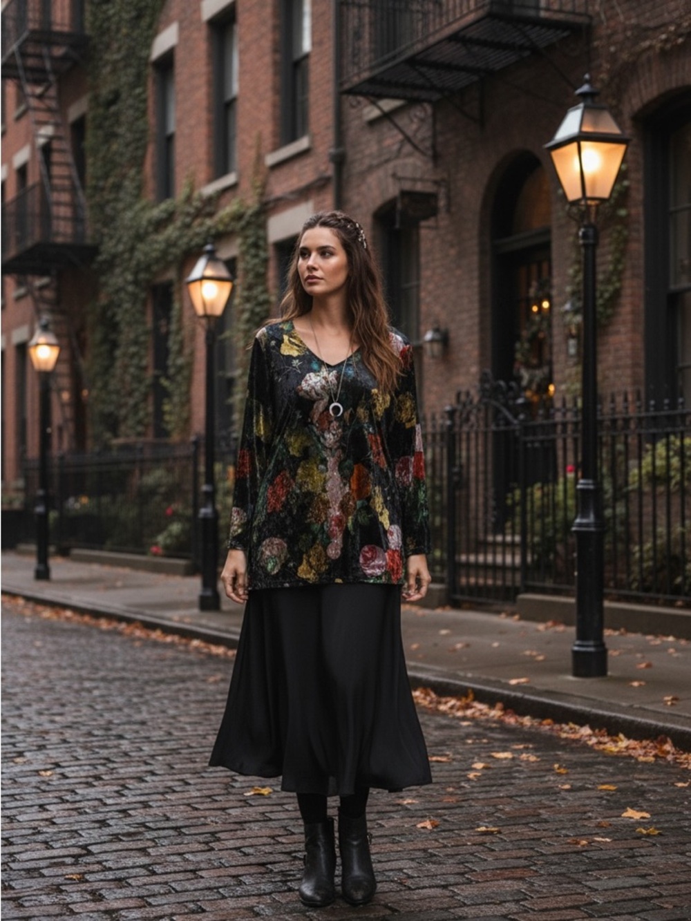 Calessa Floral Velvet Black Multi Tunic Pullover 3/4 Sleeve Top XL Whimsigoth